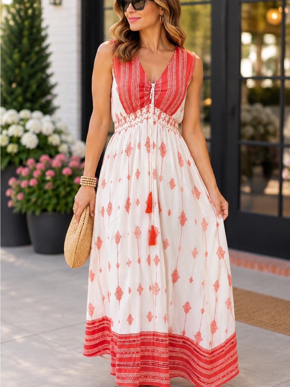 Alberto Makali Coral and White Sleeveless Boho Maxi Dress